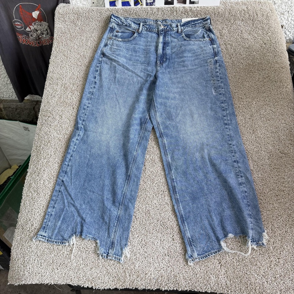 American Eagle Baggy Wide Leg Jeans Womens 18 Medium Wash Blue Super High Rise